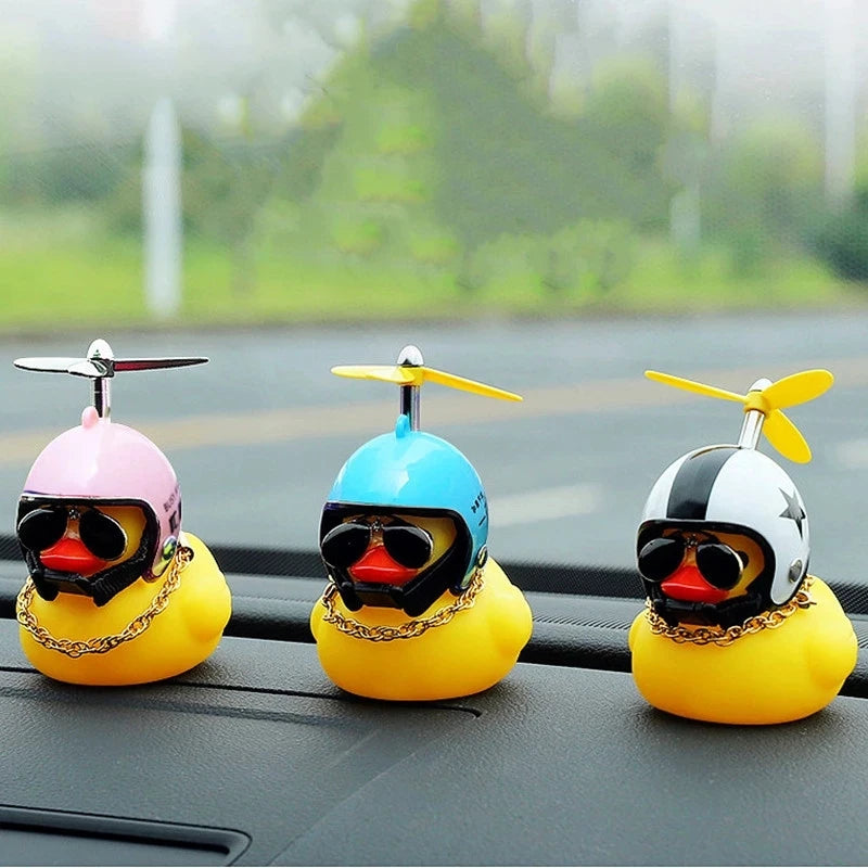 Car Duck With Helmet and Chains for Dashboard Decorations